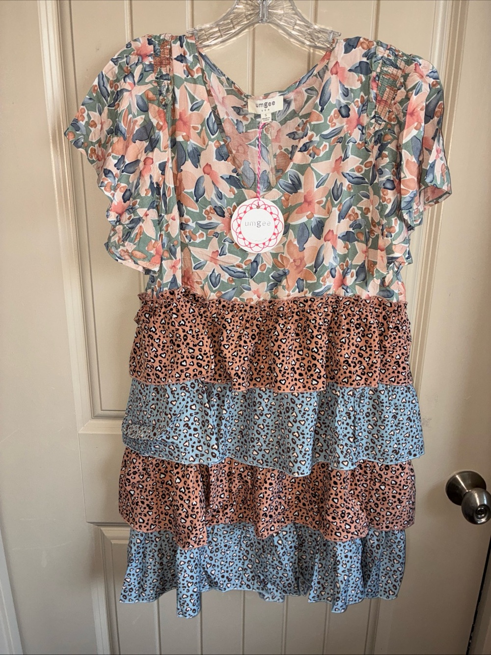 Umgee Tiered Floral and Leopard Print Mini Dress in Pink, Blue, and Cream